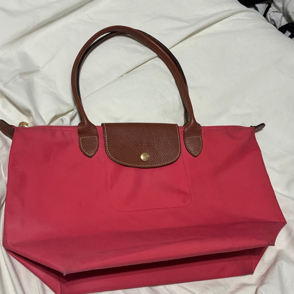 Longchamp Pink Nylon Tote with Brown Leather Trim